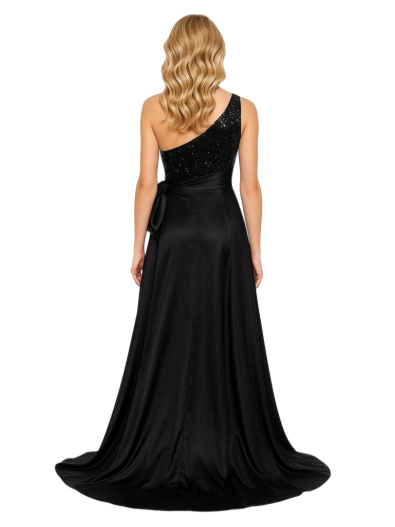 Sexy One Shoulder Prom Gown Sequined Satin Bow Detail Slit Mermaid  Floor Length Formal Wear