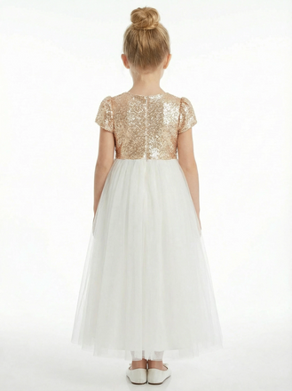 Sequin Girl Bridesmaid Gowns Tulle Short Sleeve Sparkle Communion Dresses Flower Girl Dress