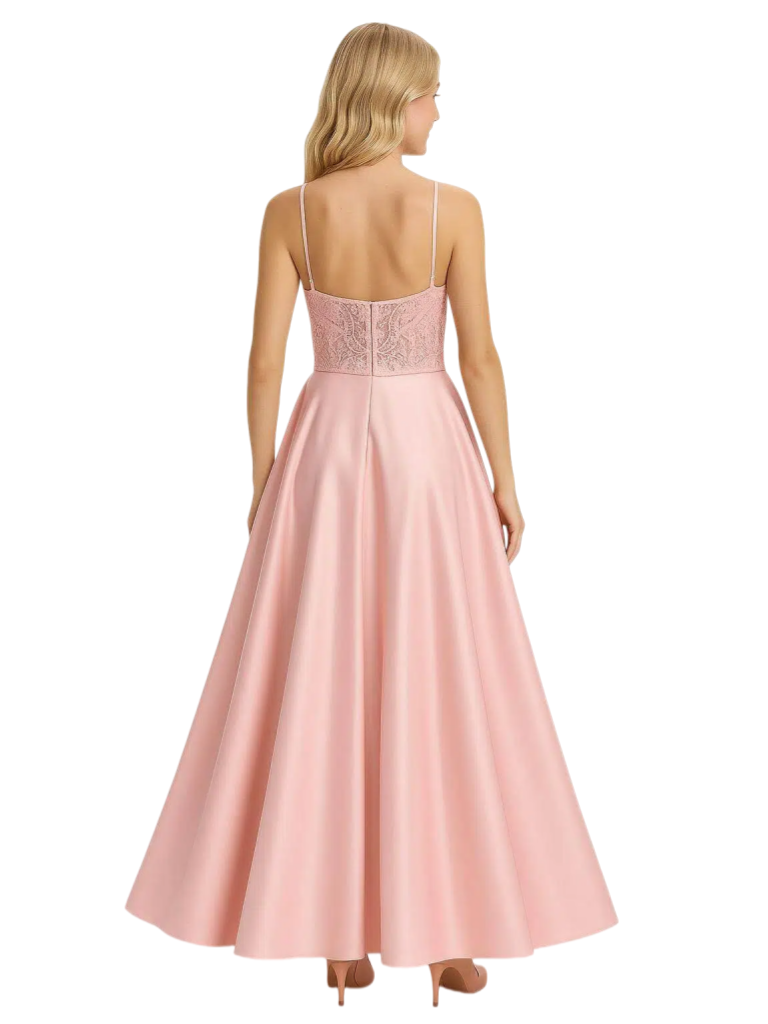 Elegant Spaghetti Strap Halter Neck Formal Gown Lace Bodice Satin Fabric Ball Gown Floor Length Prom Dress