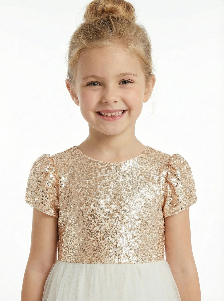 Sequin Girl Bridesmaid Gowns Tulle Short Sleeve Sparkle Communion Dresses Flower Girl Dress
