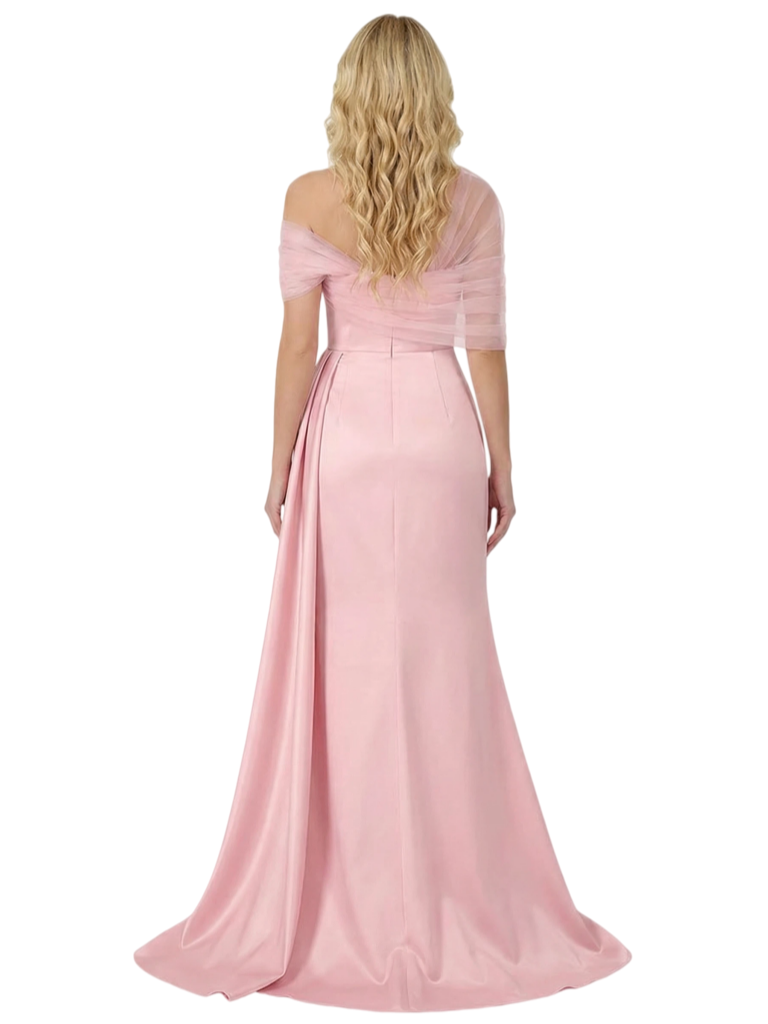 Chic Cape Neckline Formal Gown Ruched Bodice Satin Fabric Slit Mermaid Silhouette Floor Length Prom Dress