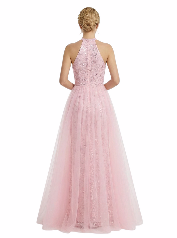 ChicSew Pretty Halter Neck Prom Gown Lace Tulle Fabric A-Line Maxi Formal Evening Gown OverSkirt