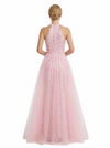 ChicSew Pretty Halter Neck Prom Gown Lace Tulle Fabric A-Line Maxi Formal Evening Gown OverSkirt