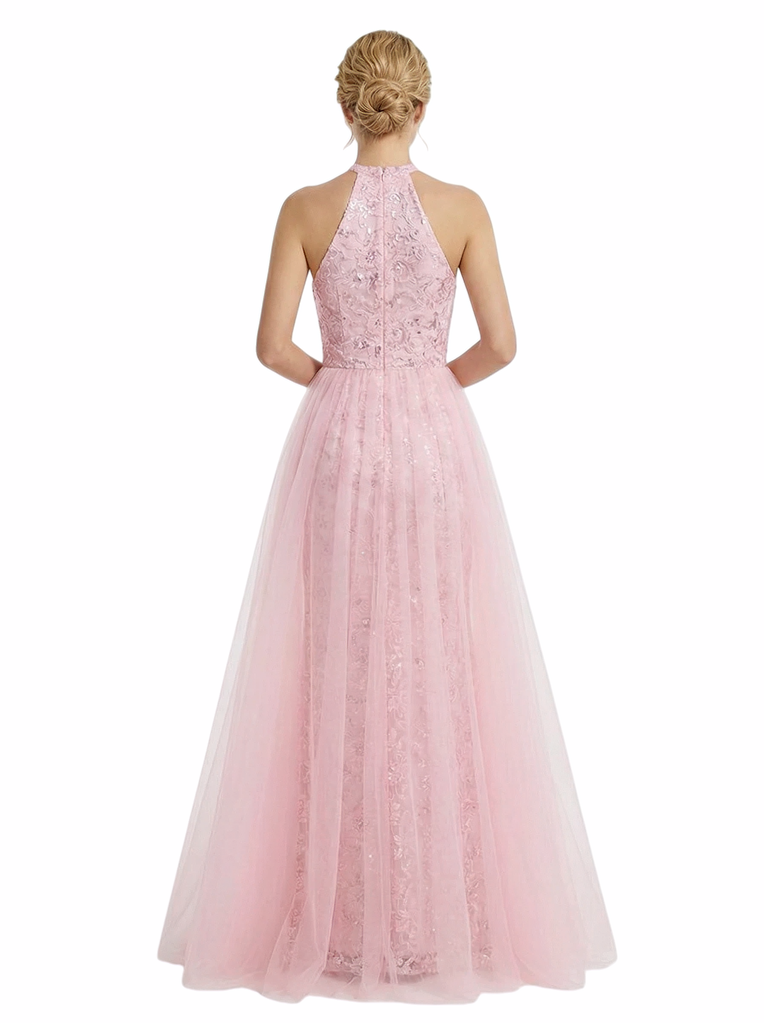 ChicSew Pretty Halter Neck Prom Gown Lace Tulle Fabric A-Line Maxi Formal Evening Gown OverSkirt