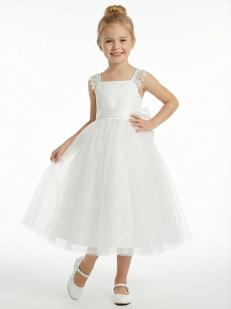 Simple Tulle Flower Girl Dress Puff Sleeve Pearl Neck Pleated Skirt Elegant A-Line