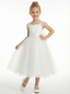 Simple Tulle Flower Girl Dress Puff Sleeve Pearl Neck Pleated Skirt Elegant A-Line