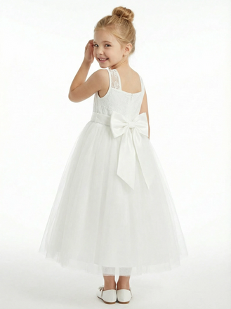 Simple Tulle Flower Girl Dress Puff Sleeve Pearl Neck Pleated Skirt Elegant A-Line