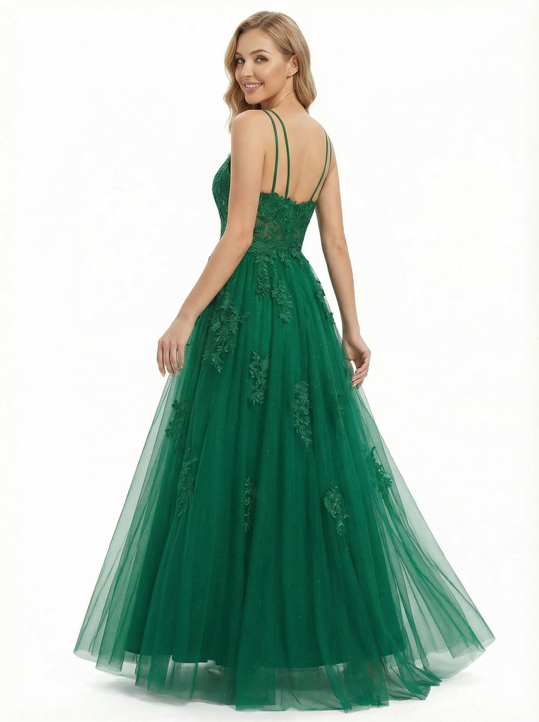 Elegant Cut Out Tulle Lace Applique V-neck A-line Formal Prom Dresses