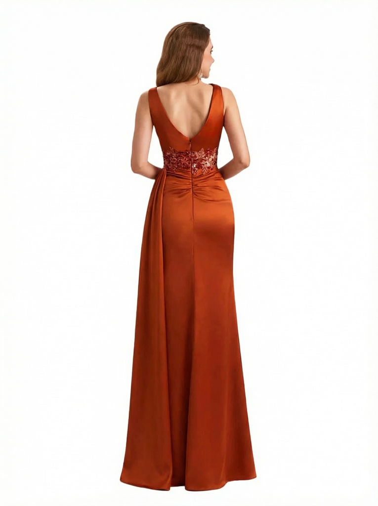 Sexy Asymmetrical V-Neck Mermaid Lace Ruched Satin Long Formal Dresses Side Slit