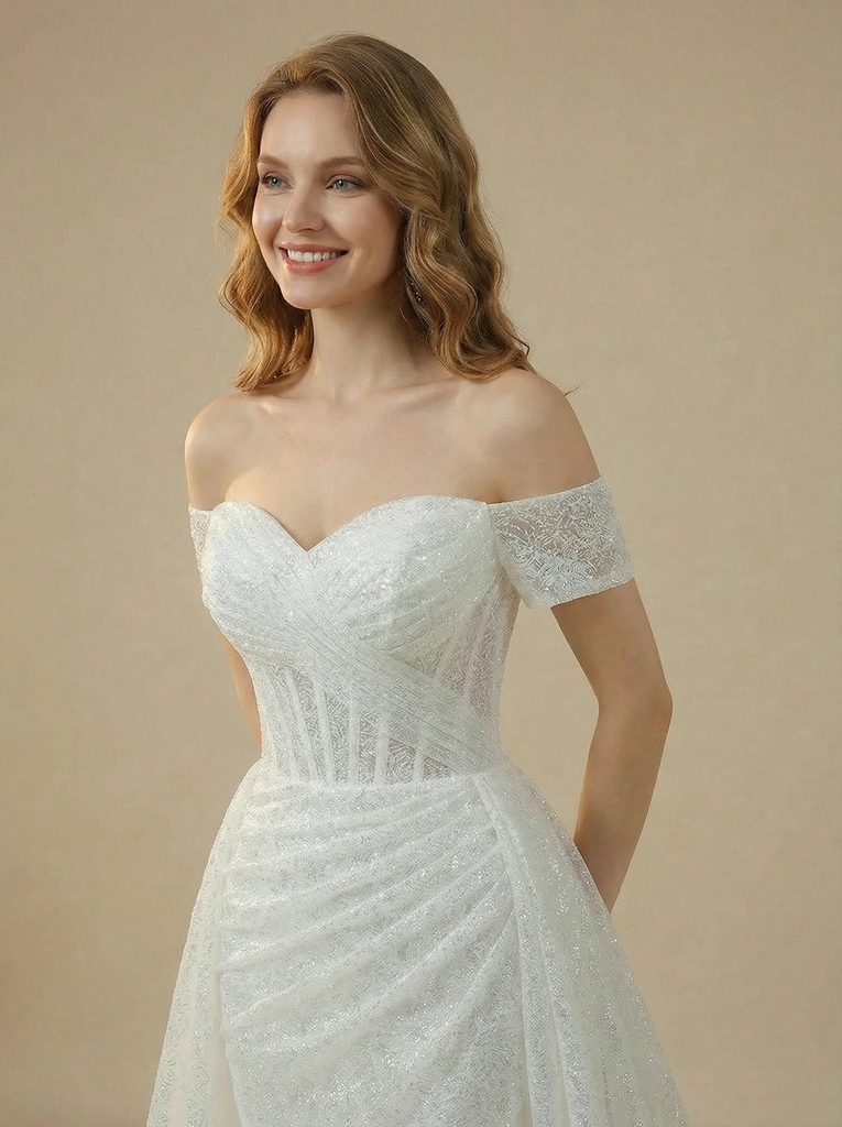 Mermaid Off Shoulder Sweetheart Boning Maxi Long Sequin Wedding Gowns With Overskirt