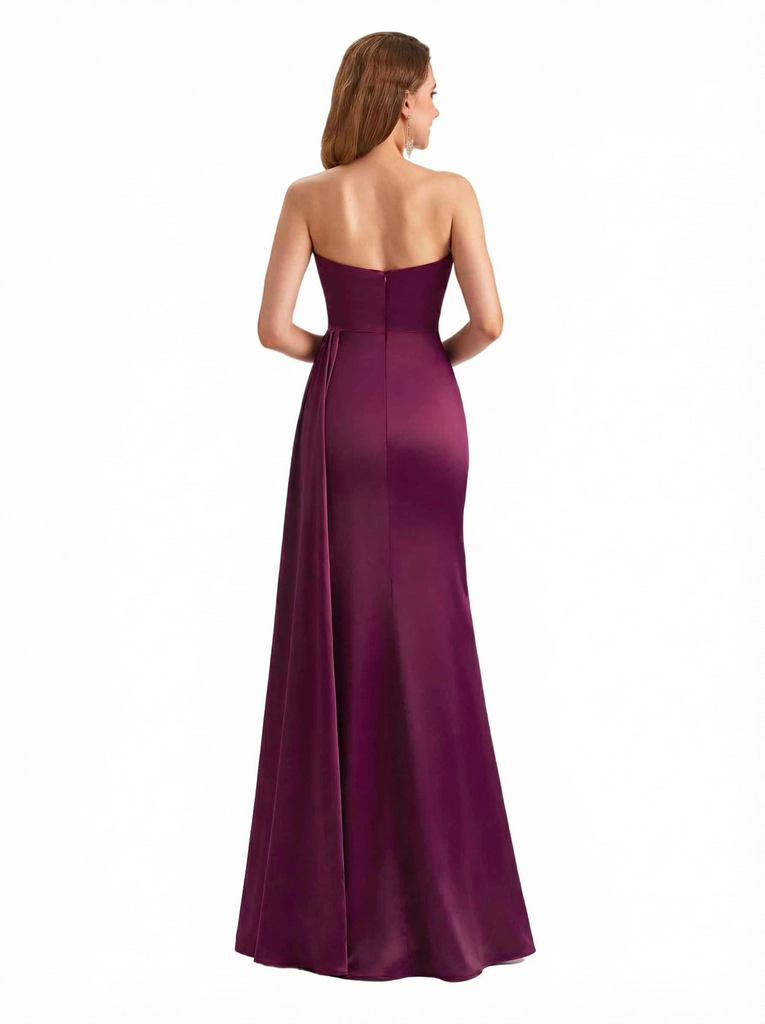 Trendy Strapless Asymmetrical Silky Satin Mermaid Long Evening Formal Dresses Side Slit