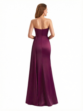 Trendy Strapless Asymmetrical Silky Satin Mermaid Long Evening Formal Dresses Side Slit