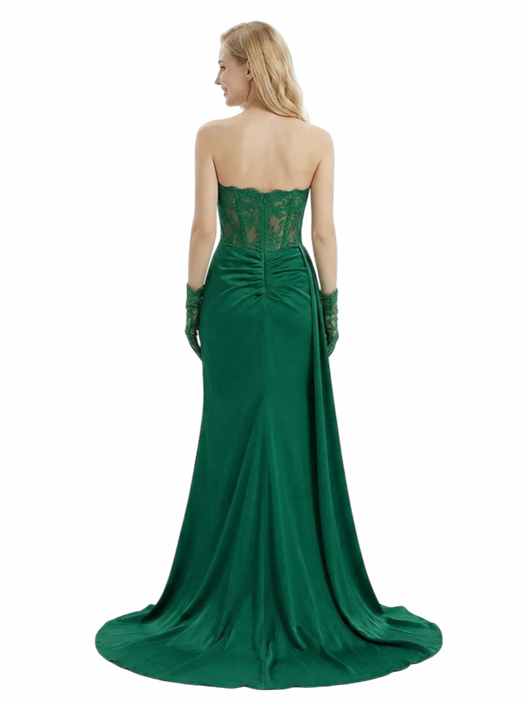 Sexy Strapless Prom Dress High Slit Ruched Satin Mermaid Formal Gown