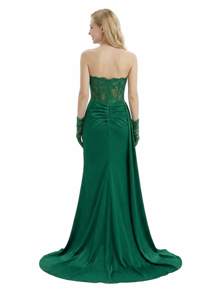 Sexy Strapless Prom Dress High Slit Ruched Satin Mermaid Formal Gown