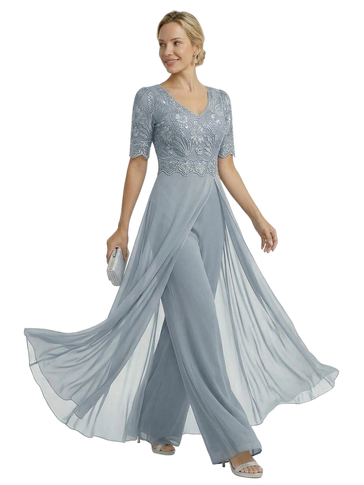 Elegant V-neck Chiffon And Lace Half Sleeves Pantsuit For Mother Of The Bride OverSkirt