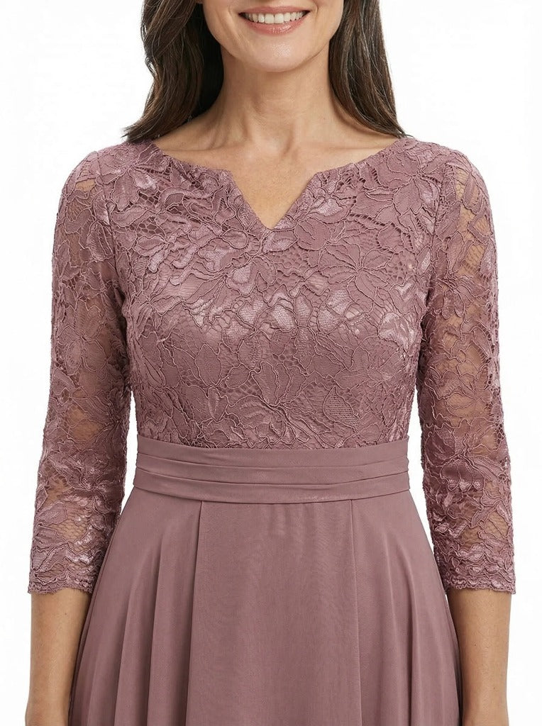 ChicSew V-Neck 3/4 Sleeve Embroidered Lace Ruched Waist A-Line Chiffon Mother of the Bride Dresses