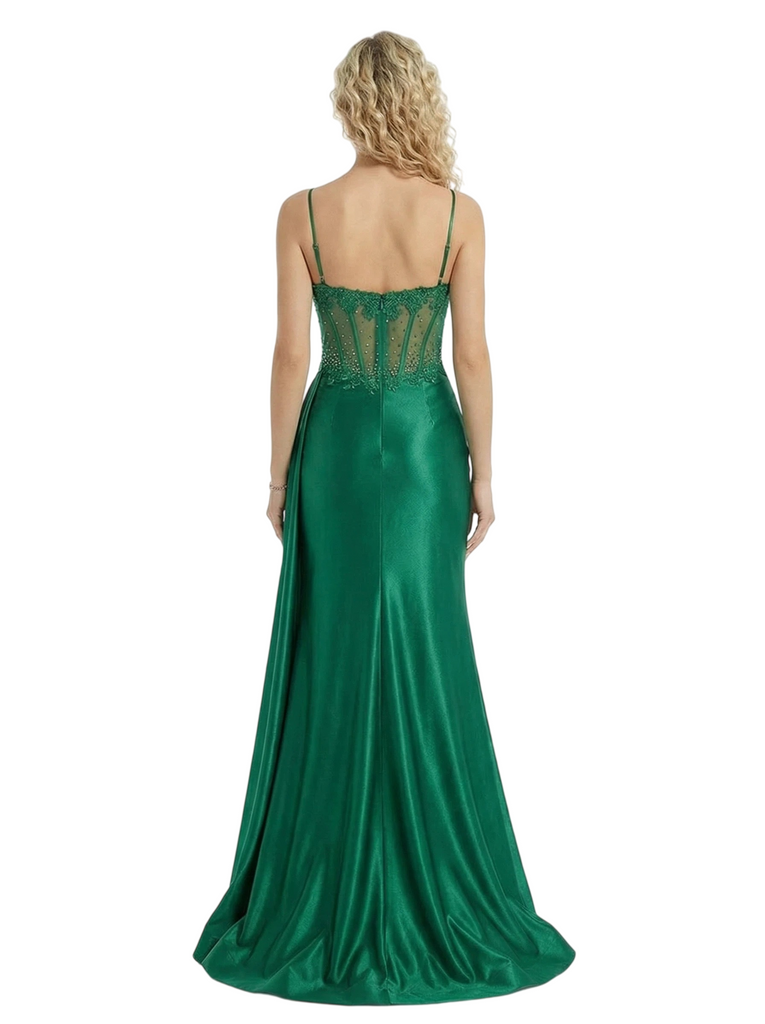 ChicSew Long Lace Corset Mermaid Satin Side Slit Party Prom Dresses With Waist Drape