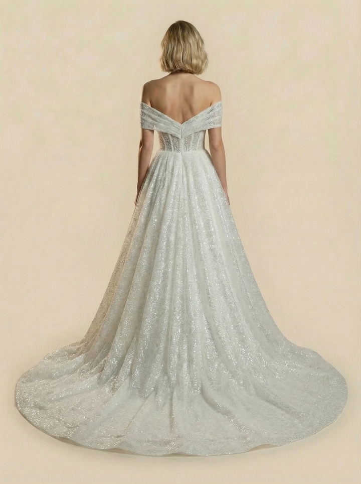 Sparkly A-Line Off Shoulder Maxi Long Sequin Wedding Dresses Online