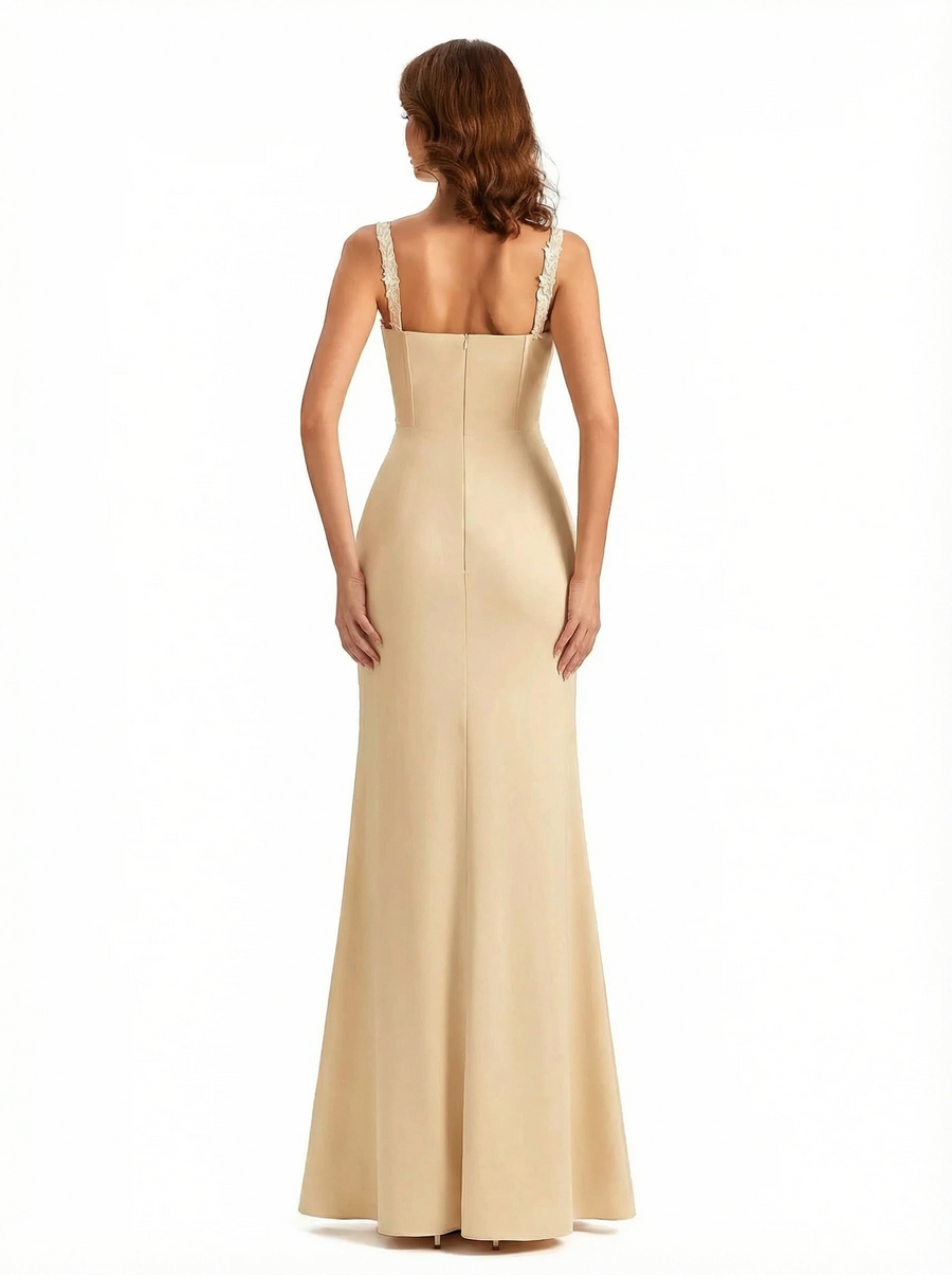 Sexy Silky Satin Lace Mermaid Maxi Evening Gowns For Women Side Slit Spaghetti Straps