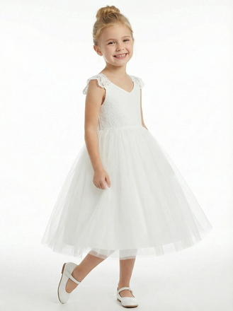 Lace Applique Flower Girl Dress Tea Length Ball Gown Sweetheart Neck Formal Wedding Gowns