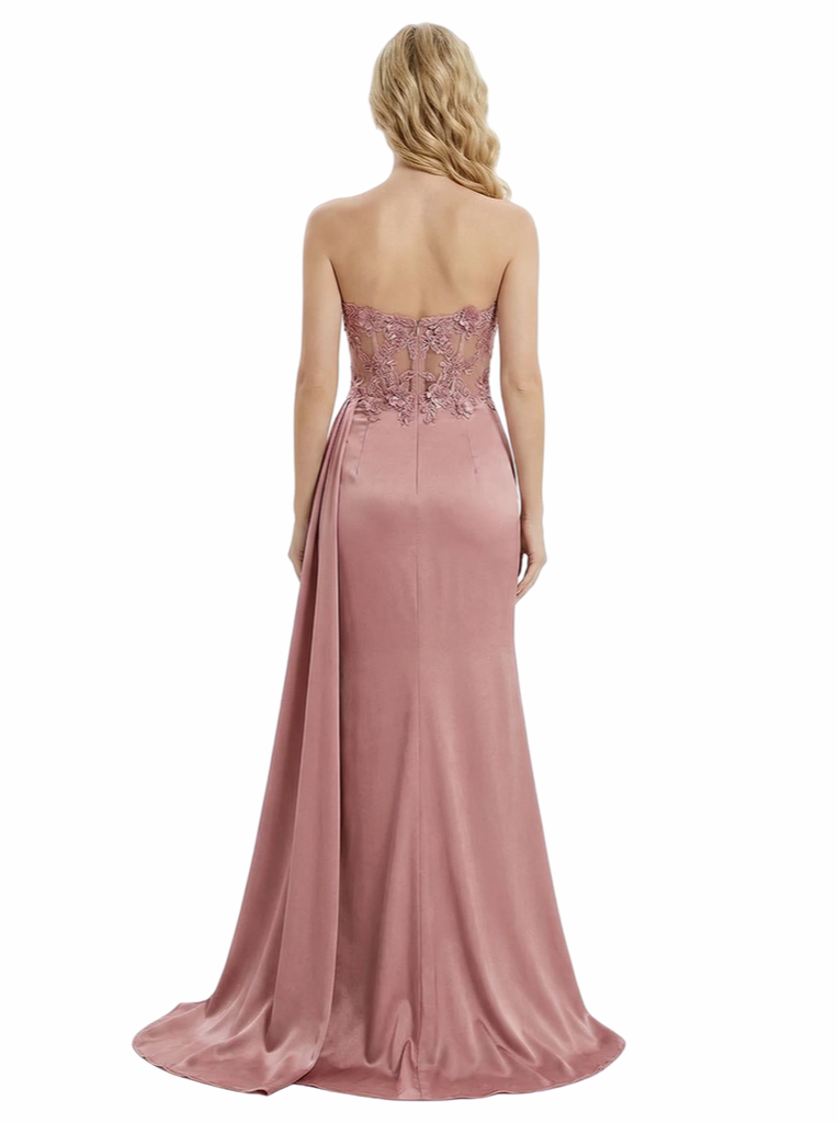 ChicSew Sexy Sweetheart Prom Dress Lace Satin Ruched Bodice High Slit Mermaid Formal Evening Gown With Side Overlay