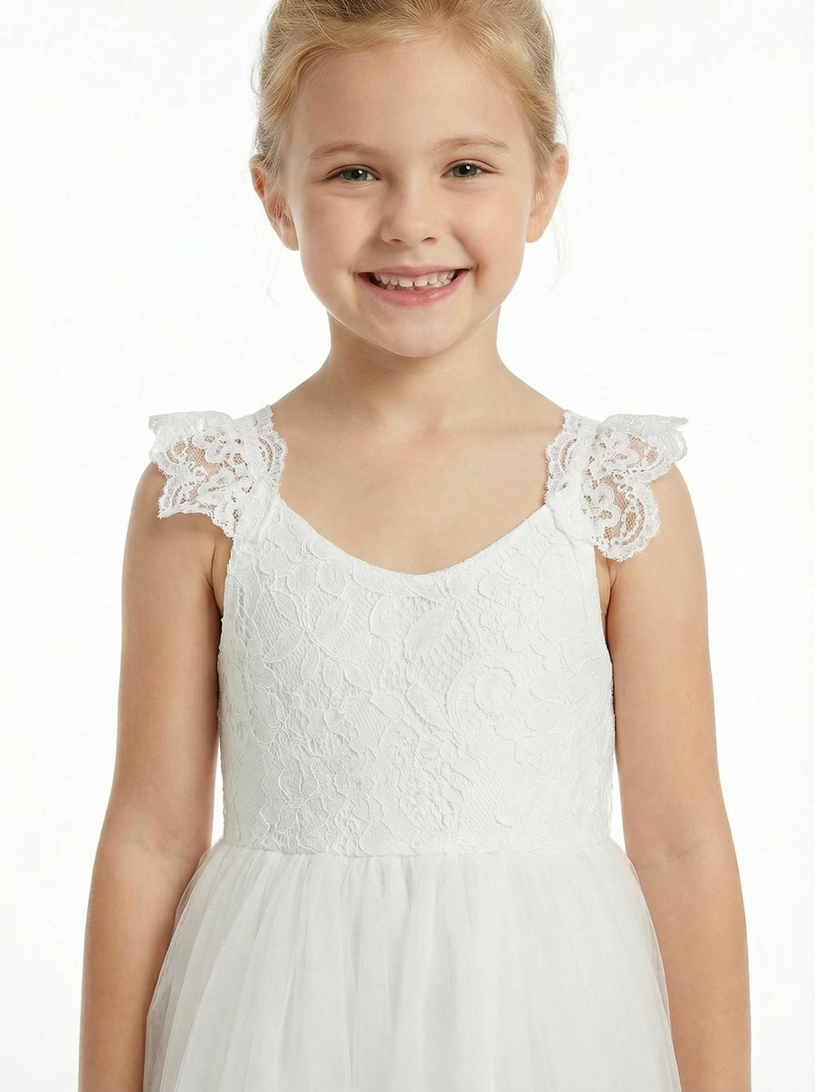 Lace Applique Flower Girl Dress Tea Length Ball Gown Sweetheart Neck Formal Wedding Gowns
