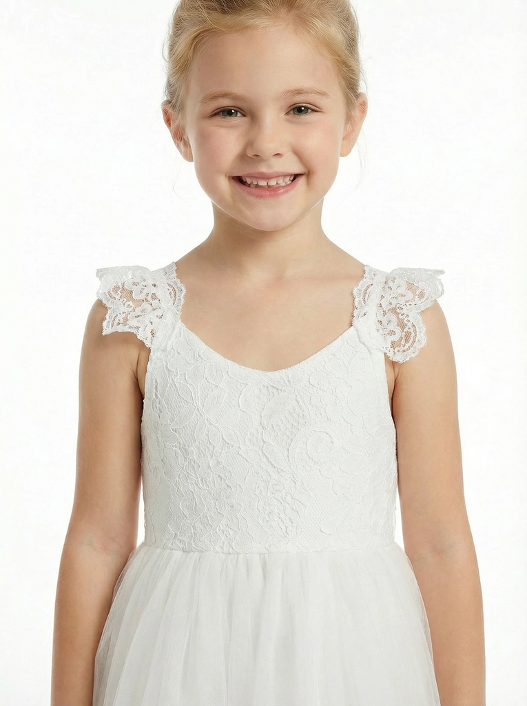 Lace Applique Flower Girl Dress Tea Length Ball Gown Sweetheart Neck Formal Wedding Gowns