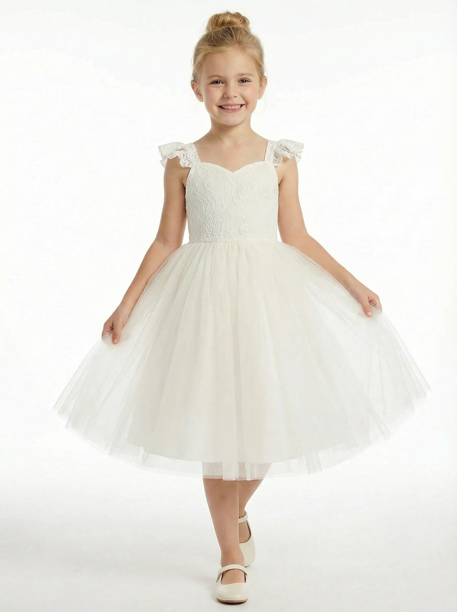 Lace Applique Flower Girl Dress Tea Length Ball Gown Sweetheart Neck Formal Wedding Gowns
