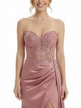 ChicSew Sexy Sweetheart Prom Dress Lace Satin Ruched Bodice High Slit Mermaid Formal Evening Gown With Side Overlay