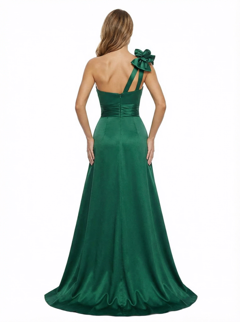 ChicSew Classy One Shoulder Prom Dress Ruched Satin Slit Mermaid Formal Evening Dresses With Overlay