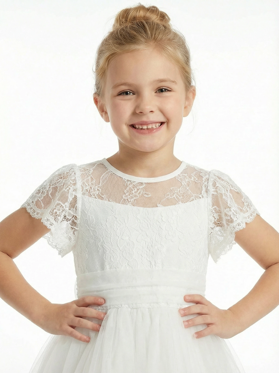 Floral Lace Toddler Flower Girl Dress Cap Sleeve Tulle Skirt Round Neck Wedding Communion Dresses