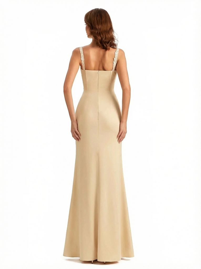 Sexy Silky Satin Lace Mermaid Maxi Evening Gowns For Women Side Slit Spaghetti Straps