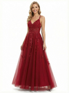 Elegant Cut Out Tulle Lace Applique V-neck A-line Formal Prom Dresses