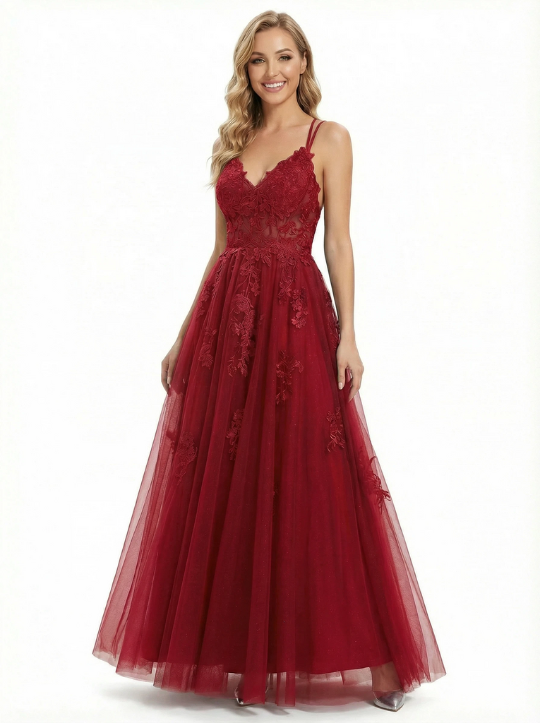 Elegant Cut Out Tulle Lace Applique V-neck A-line Formal Prom Dresses