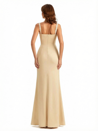 Sexy Silky Satin Lace Mermaid Maxi Evening Gowns For Women Side Slit Spaghetti Straps