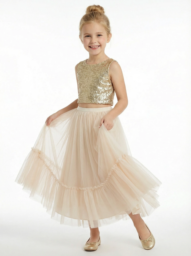 Two Piece Sequin Junior Bridesmaid Dress Tulle Skirt Ruffle Hem Sleeveless Sparkle, White