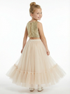 Two Piece Sequin Junior Bridesmaid Dress Tulle Skirt Ruffle Hem Sleeveless Sparkle