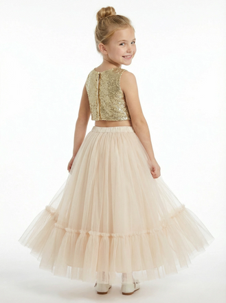 Two Piece Sequin Junior Bridesmaid Dress Tulle Skirt Ruffle Hem Sleeveless Sparkle