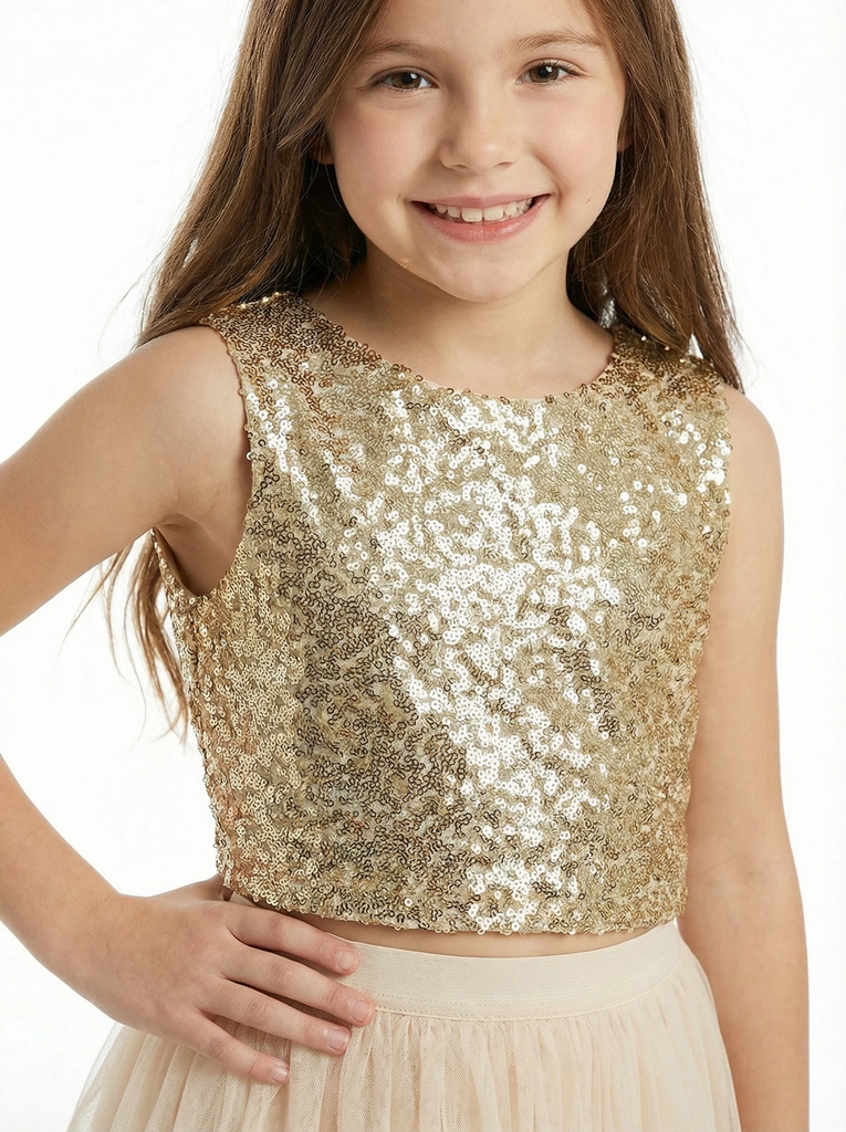 Two Piece Sequin Junior Bridesmaid Dress Tulle Skirt Ruffle Hem Sleeveless Sparkle