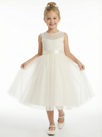 Cute Flowery Dress Lace Girls Wedding Party Dress A-Line Tulle Ball Gowns Sleeveless