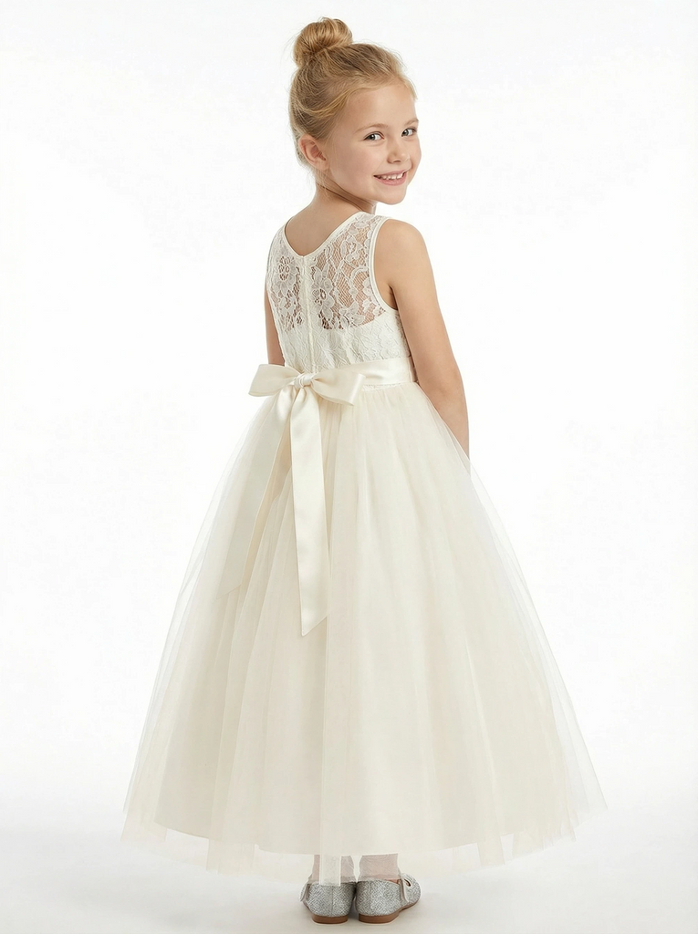 Cute Flowery Dress Lace Girls Wedding Party Dress A-Line Tulle Ball Gowns Sleeveless