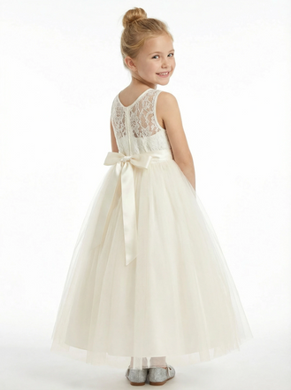 Cute Flowery Dress Lace Girls Wedding Party Dress A-Line Tulle Ball Gowns Sleeveless