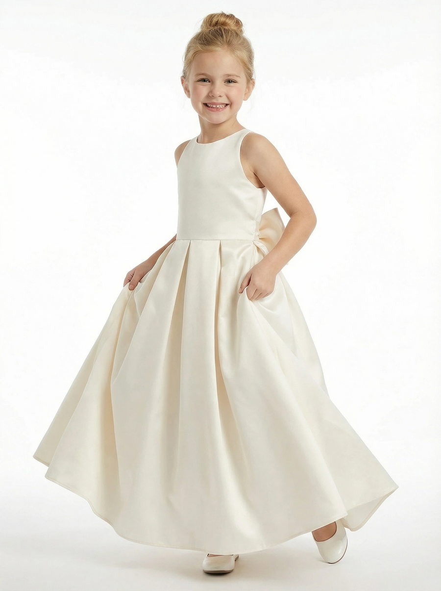 Satin Junior Bridesmaid Dress Bow Knot Skirt Round Neck Modest Long Flower Birthday Dress