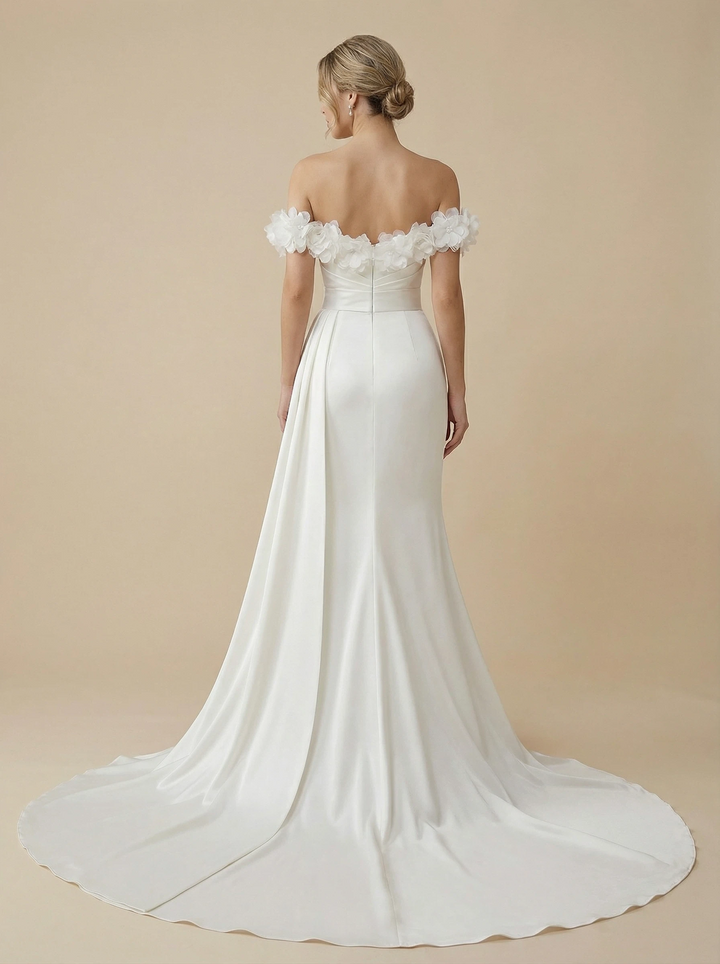 Mermaid Off Shoulder Maxi Long Satin Wedding Dresses Online With Train Side Slit