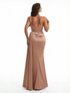 Sexy One Shoulder Ruched Mermaid Silky Satin Long Formal Dresses With Waist Drape Boning Side Slit