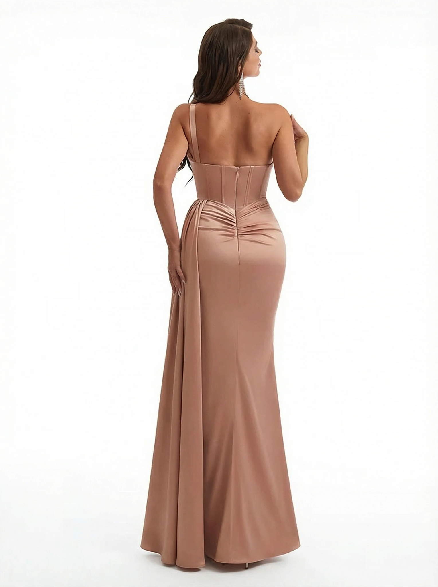 Sexy One Shoulder Ruched Mermaid Silky Satin Long Formal Dresses With Waist Drape Boning Side Slit