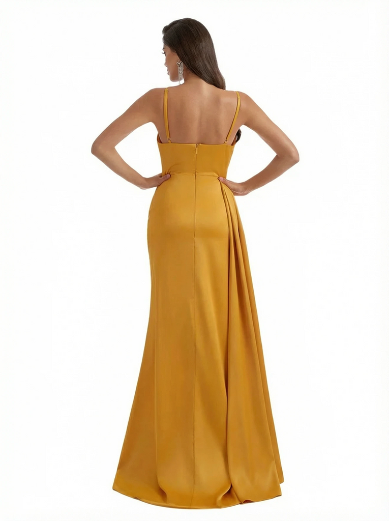 Sexy Mermaid Spaghetti Straps Side Slit Silky Satin Long Evening Dresses For Wedding