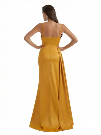 Sexy Mermaid Spaghetti Straps Side Slit Silky Satin Long Evening Dresses For Wedding