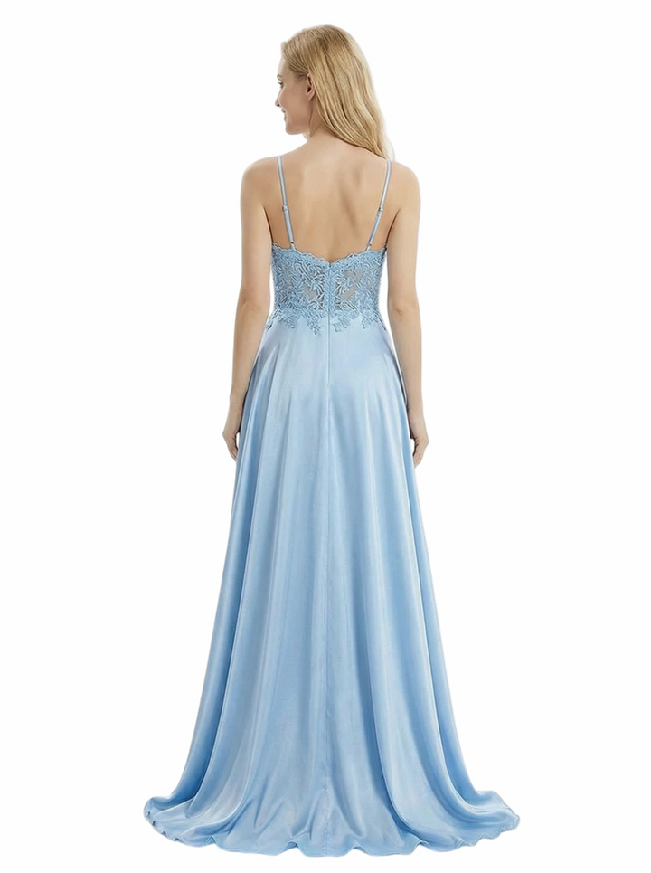 Elegant Lace Bodice Satin A-Line Cut out Corset Gown Sexy High Slit Formal Evening Dress