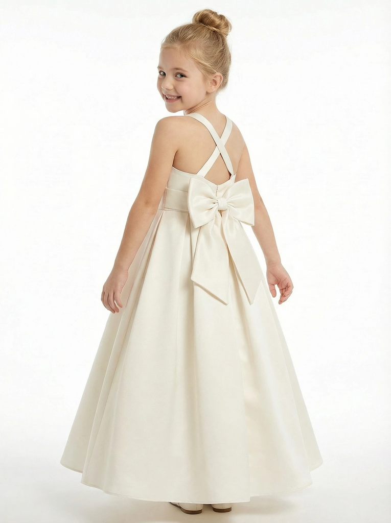 Satin Junior Bridesmaid Dress Bow Knot Skirt Round Neck Modest Long Flower Birthday Dress, Off-White